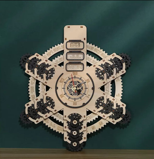 3D Wooden Wall Clock Puzzle DIY Mechanical Quartz Kit Calendar Model Home Decor