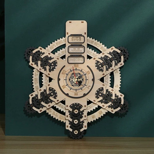 3D Wooden Wall Clock Puzzle DIY Mechanical Quartz Kit  Calendar Model Home Decor