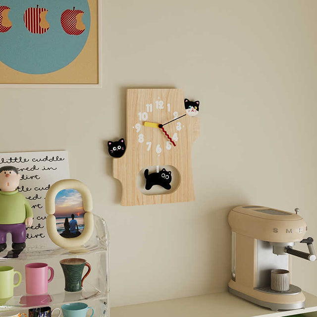 15 Inch Cute Cat Wall Clock Running Cat  Wooden Silent Clock for Room Decor Gift