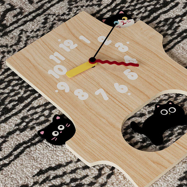 15 Inch Cute Cat Wall Clock Running Cat  Wooden Silent Clock for Room Decor Gift