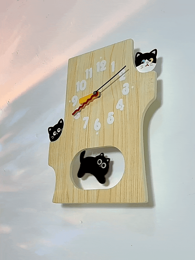 15 Inch Cute Cat Wall Clock Running Cat  Wooden Silent Clock for Room Decor Gift