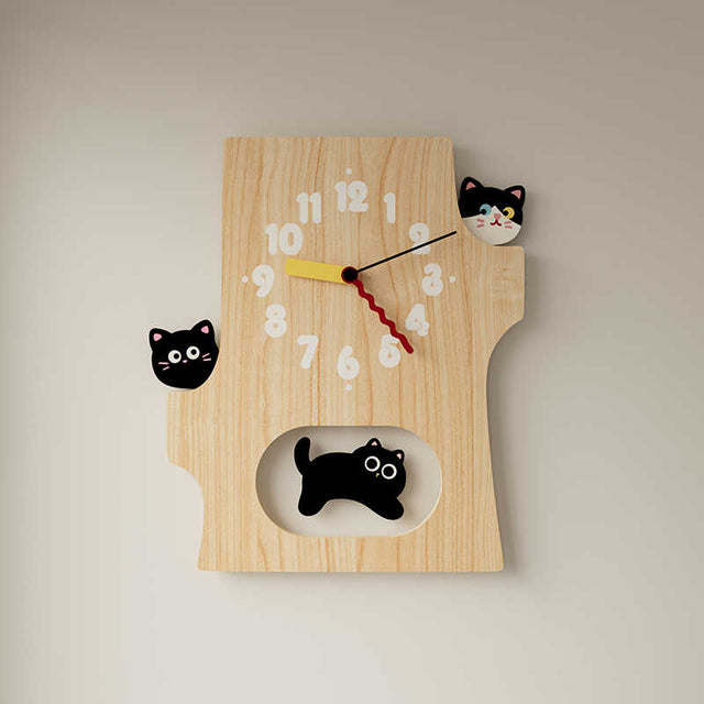 15 Inch Cute Cat Wall Clock Running Cat  Wooden Silent Clock for Room Decor Gift